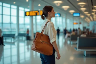 Femme tenant un sac à main de voyage en cuir tan dans un terminal d'aéroport moderne