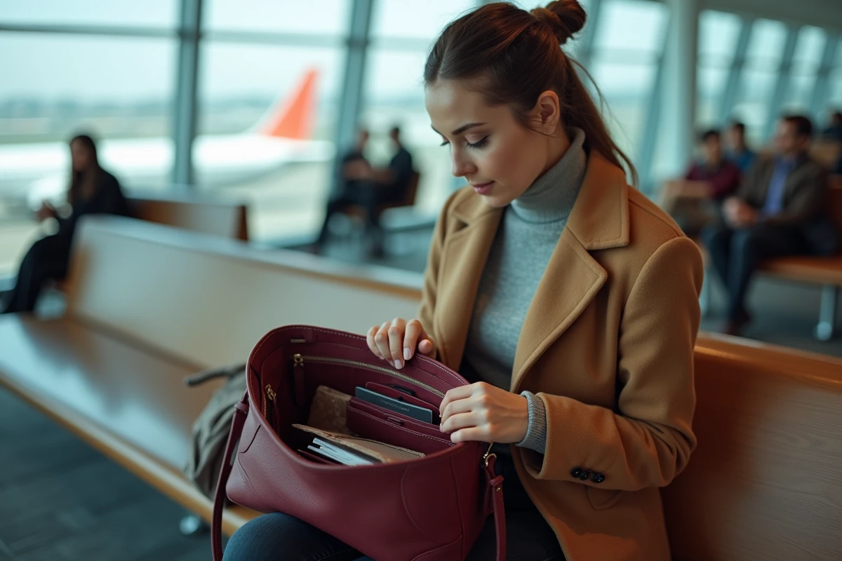 Sac à main de voyage ouvert sur les genoux d'une femme à la porte d'embarquement avec passeport et carte d'embarquement