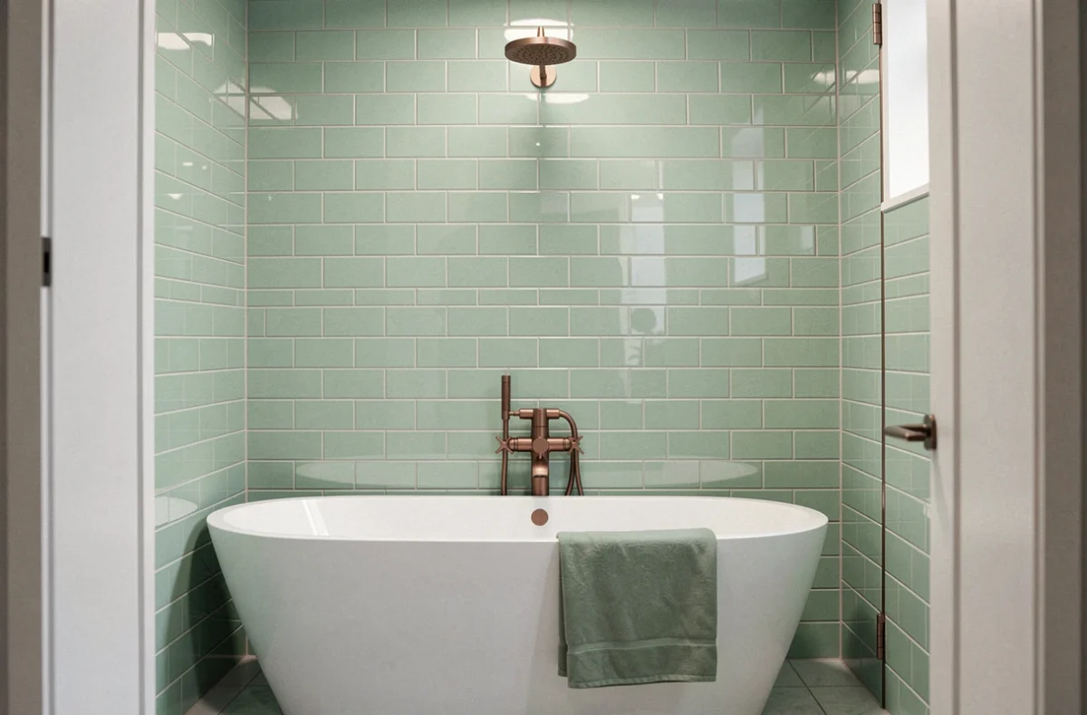 Salle de bain moderne avec carrelage vert d'eau brillant, robinetterie cuivre brossé et baignoire ovale blanche pour un rendu élégant