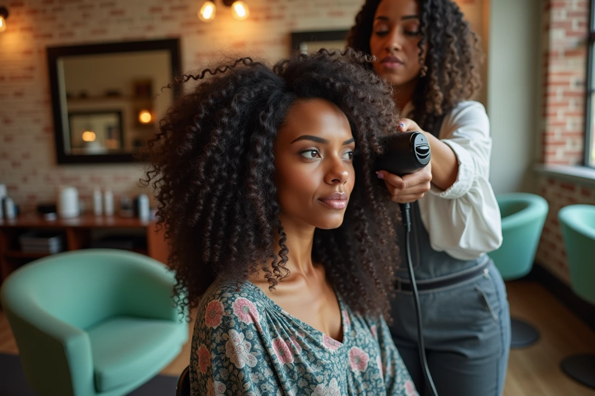 Coiffeuse utilisant un diffuseur sur les cheveux bouclés d'une cliente dans un salon de coiffure naturel