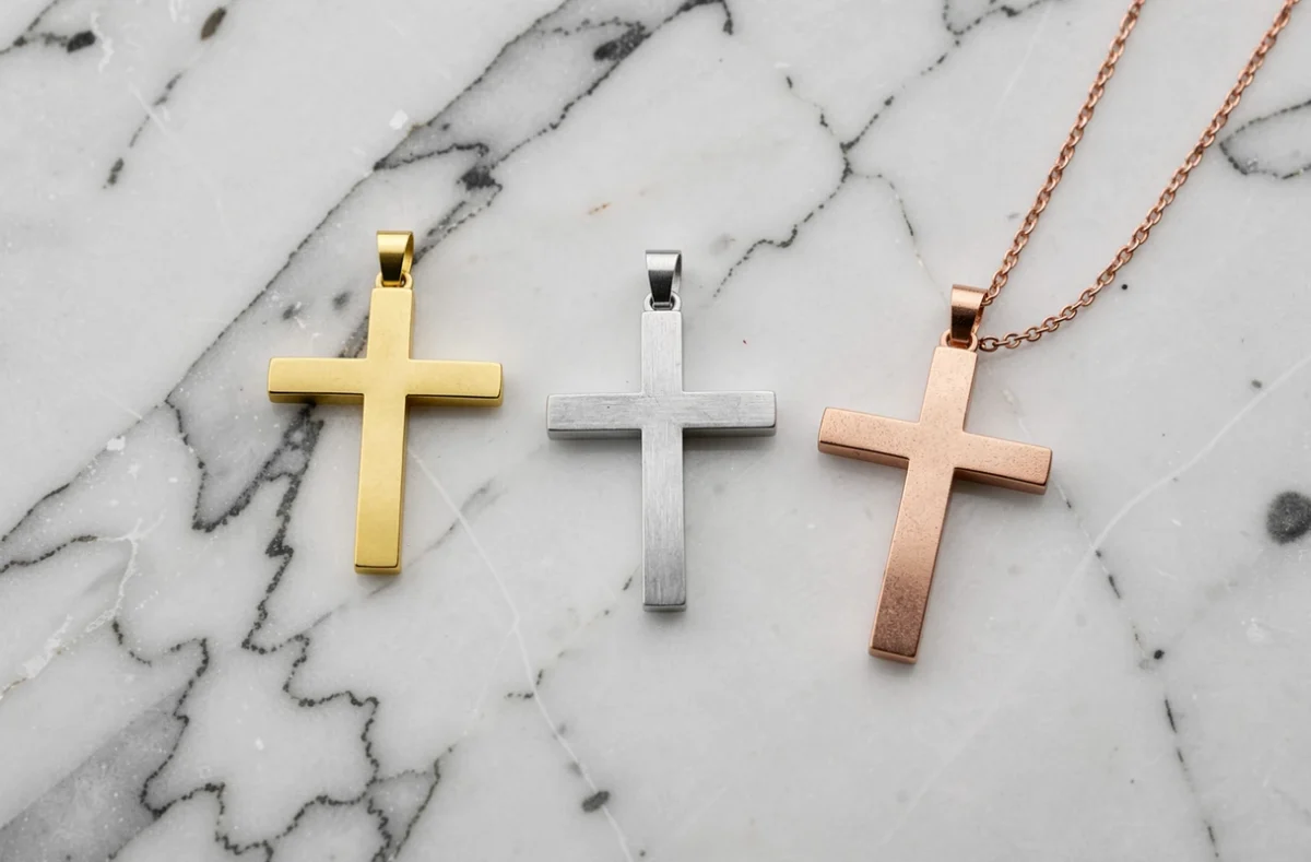 Sélection de croix bijoux homme en or jaune, argent mat et or rose disposées sur marbre blanc pour baptême communion ou confirmation