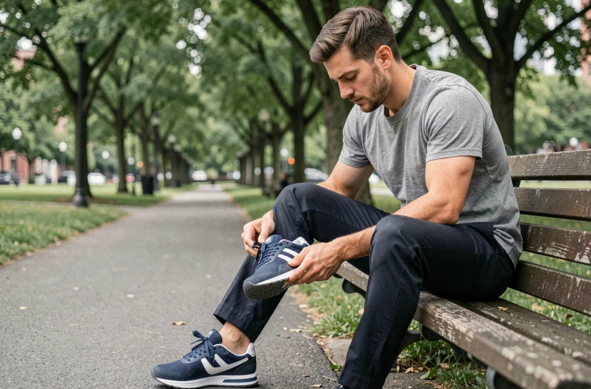 Homme assis dans un parc examinant ses sneakers running classiques bleu marine, comparaison de chaussures pour la marche