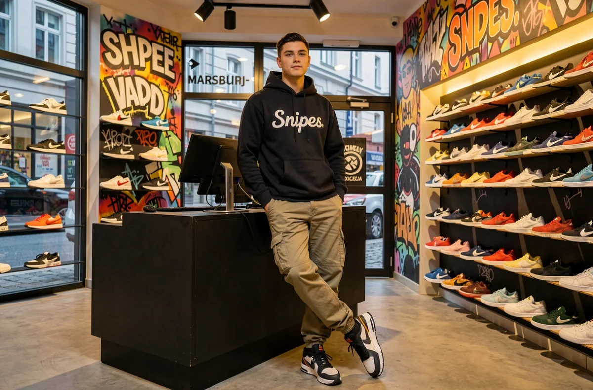 Jeune homme en hoodie Snipes dans la boutique Snipes de Strasbourg avec des sneakers exposées