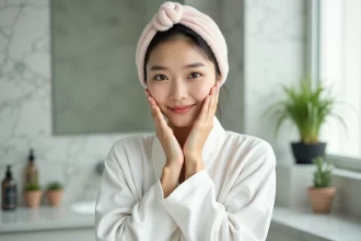 Jeune femme asiatique en routine soin visage