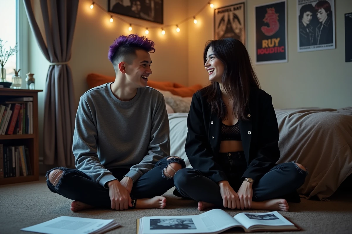 Deux ami·e·s aux styles emo distinctifs et personnels partageant un moment authentique dans une chambre aux murs couverts d'affiches de groupes