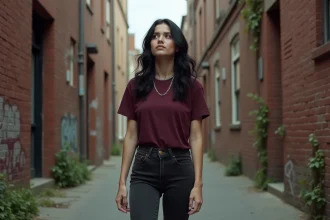 Jeune femme adoptant un style emo authentique dans une ruelle urbaine en briques, avec cheveux noirs et tenue sombre personnalisée