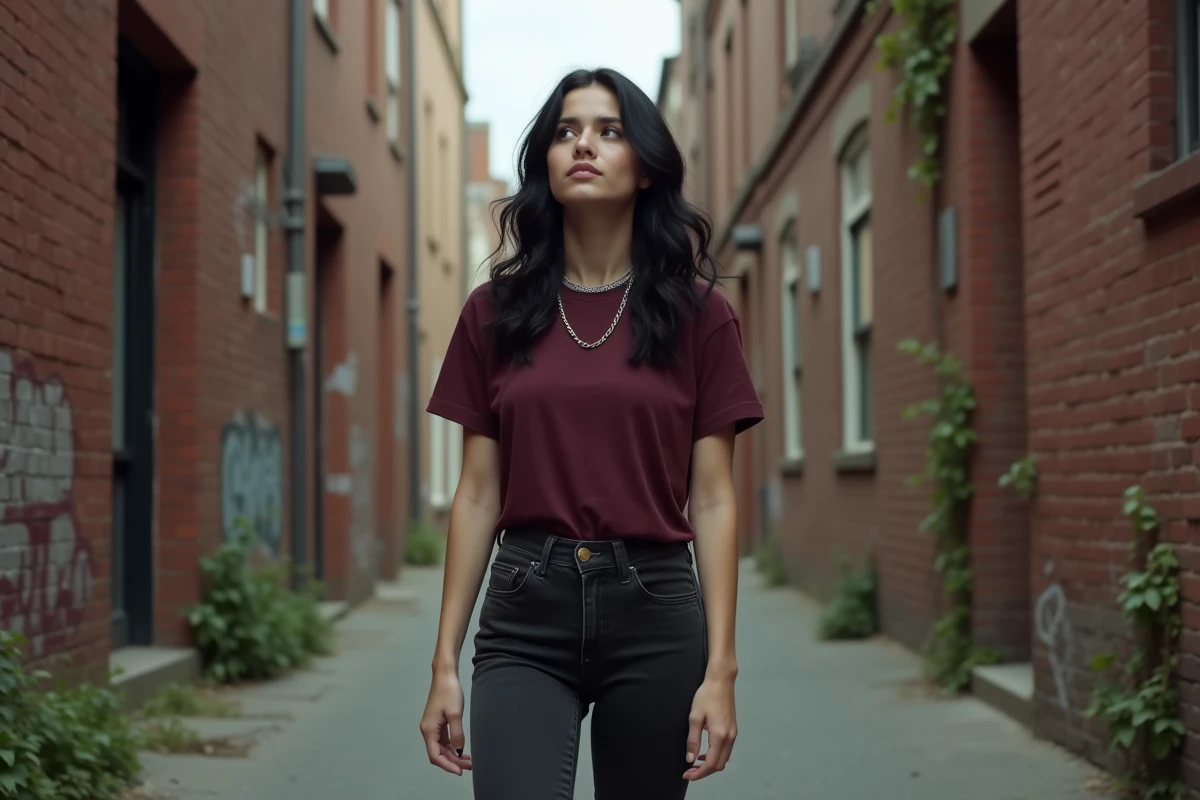 Jeune femme adoptant un style emo authentique dans une ruelle urbaine en briques, avec cheveux noirs et tenue sombre personnalisée