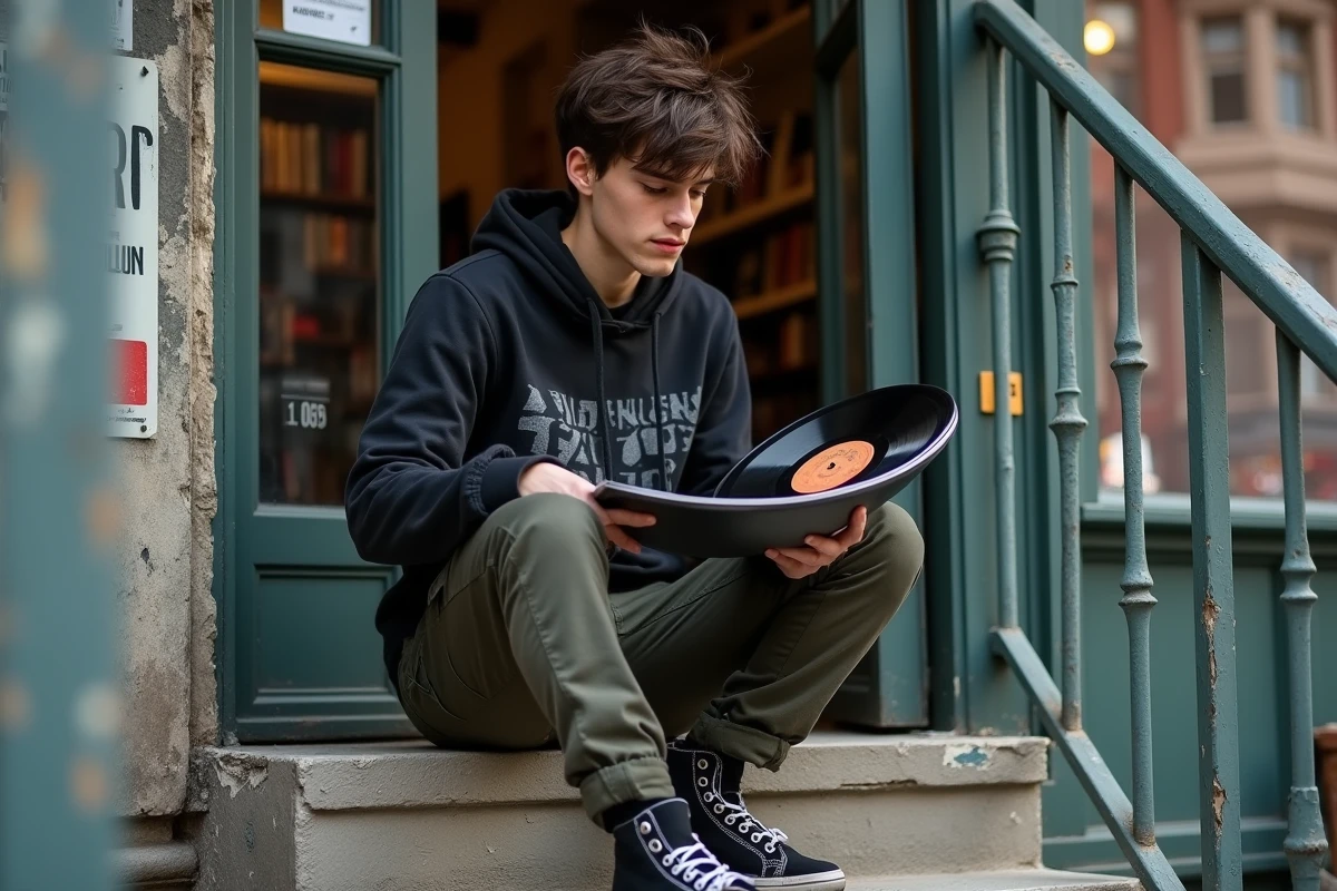 Jeune homme au style emo personnel feuilletant des vinyles devant un magasin de disques indépendant aux escaliers en béton usé