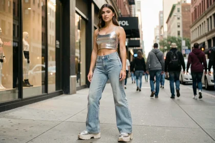 Jeune femme en tenue Y2K années 2000 avec jean taille basse évasé et crop top métallisé dans une rue urbaine animée