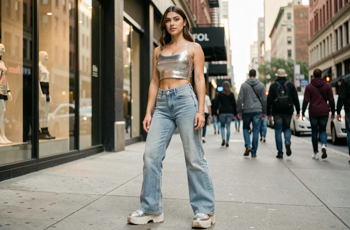 Jeune femme en tenue Y2K années 2000 avec jean taille basse évasé et crop top métallisé dans une rue urbaine animée