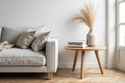 Table d'appoint en bois de chêne à forme trapèze dans un salon scandinave minimaliste avec canapé en lin gris