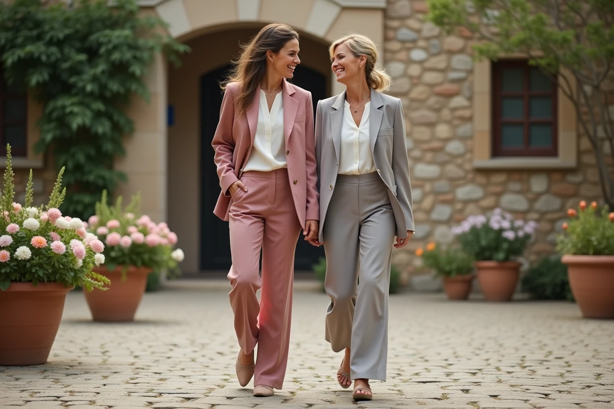 Deux femmes en tailleur pantalon large Mango rose poudré et gris clair marchant dans une cour de mariage pavée