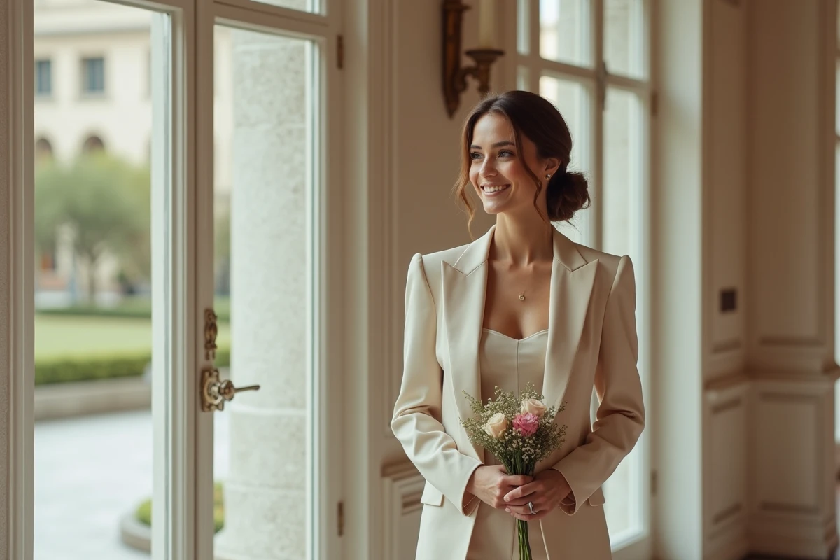 Tailleur pantalon large Mango beige porté par une femme dans une salle de mariage élégante avec bouquet floral