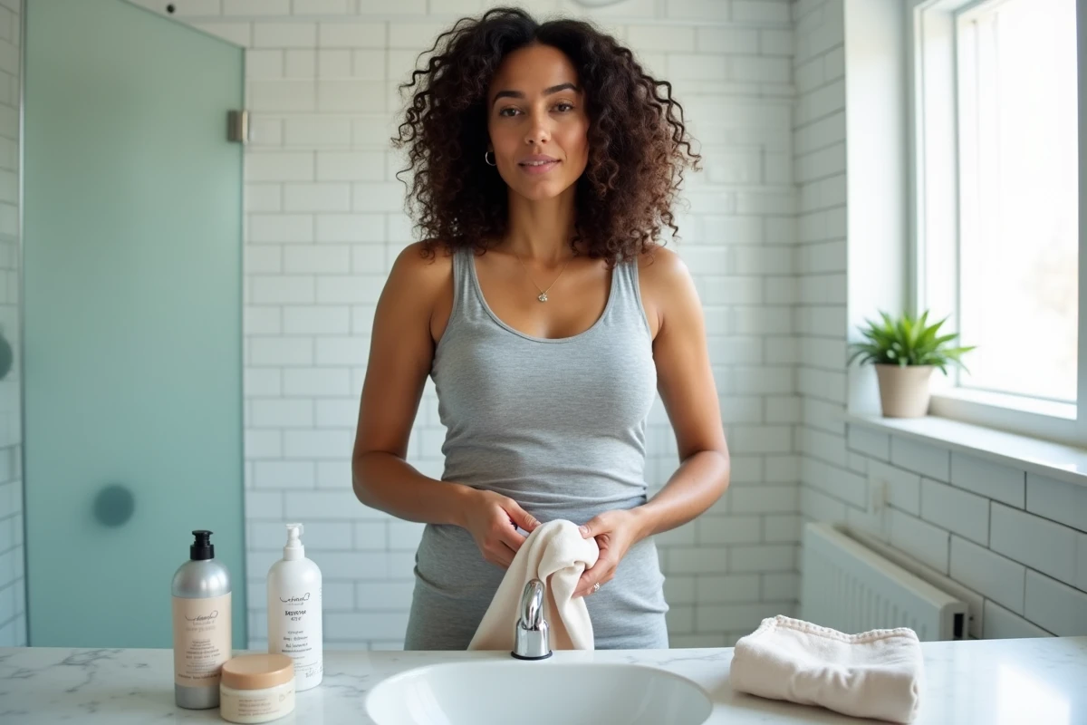Femme appliquant la technique du plopping sur ses cheveux bouclés dans une salle de bain minimaliste