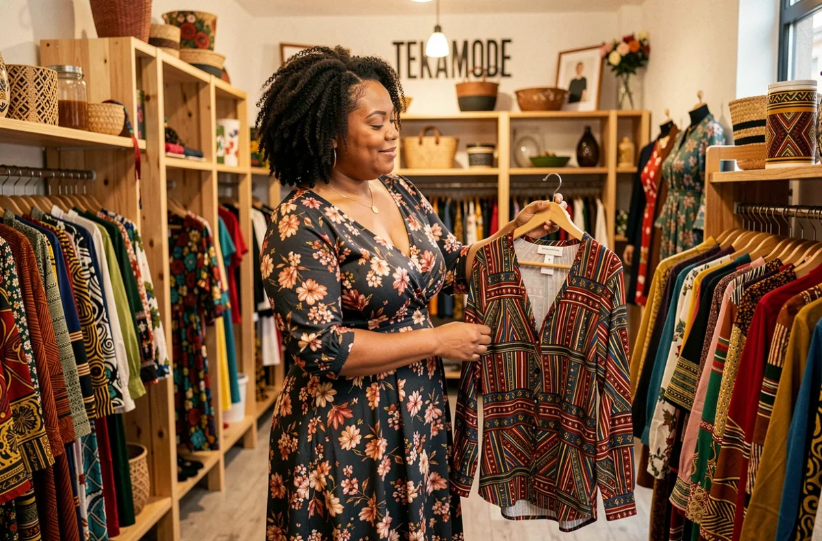 Une femme grande taille essayant des vêtements dans la boutique TEKAMODE à Saint-Denis