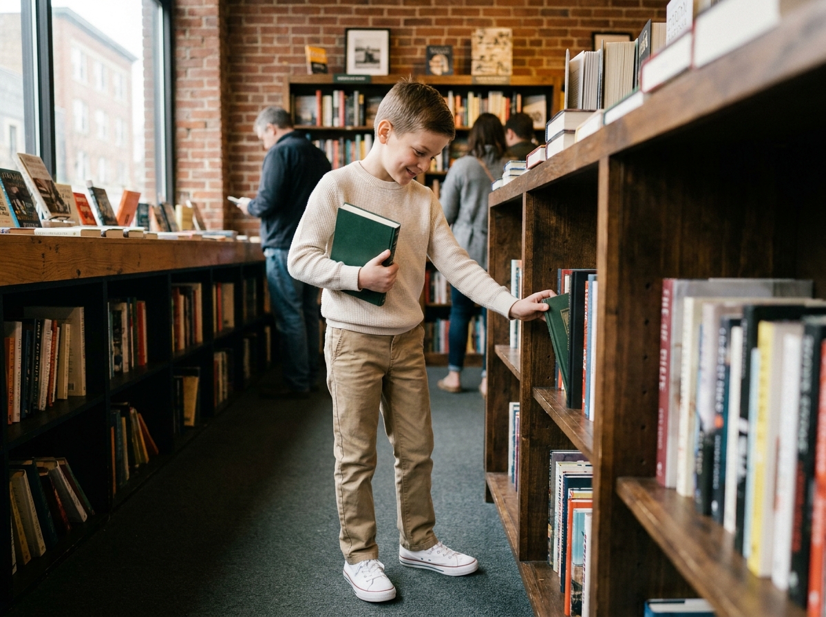 Garçon en pull beige et chino kaki dans une librairie, portant des vêtements classiques et polyvalents pour enfants
