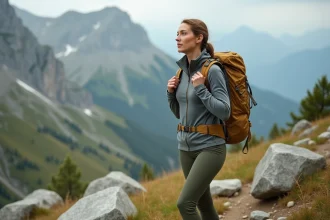 Femme équipée en tenue de trekking WANABEE sur un sentier de montagne rocheux, ajustant son sac à dos avec une posture confiante