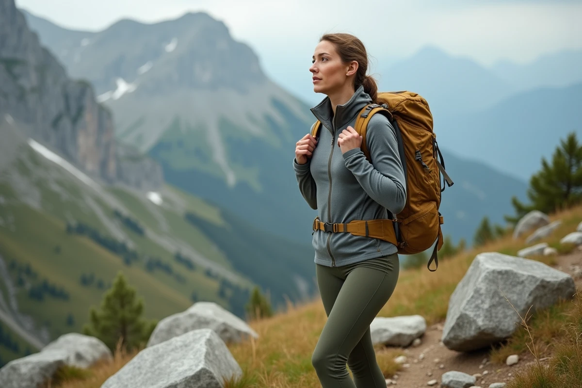 Femme équipée en tenue de trekking WANABEE sur un sentier de montagne rocheux, ajustant son sac à dos avec une posture confiante