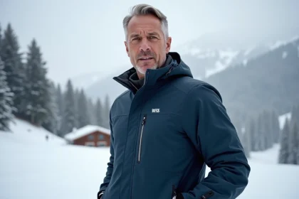 Homme portant une veste de ski premium sur une piste enneigée avec un chalet alpin en arrière-plan
