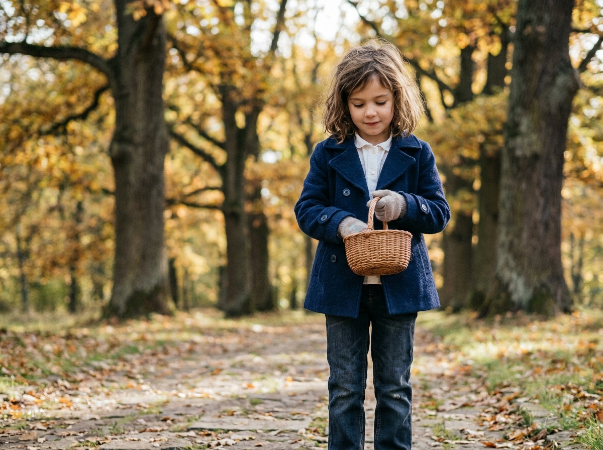 Petite fille en manteau bleu marine intemporel et jean droit dans un parc aux feuilles d'automne, illustrant les vêtements classiques pour enfants