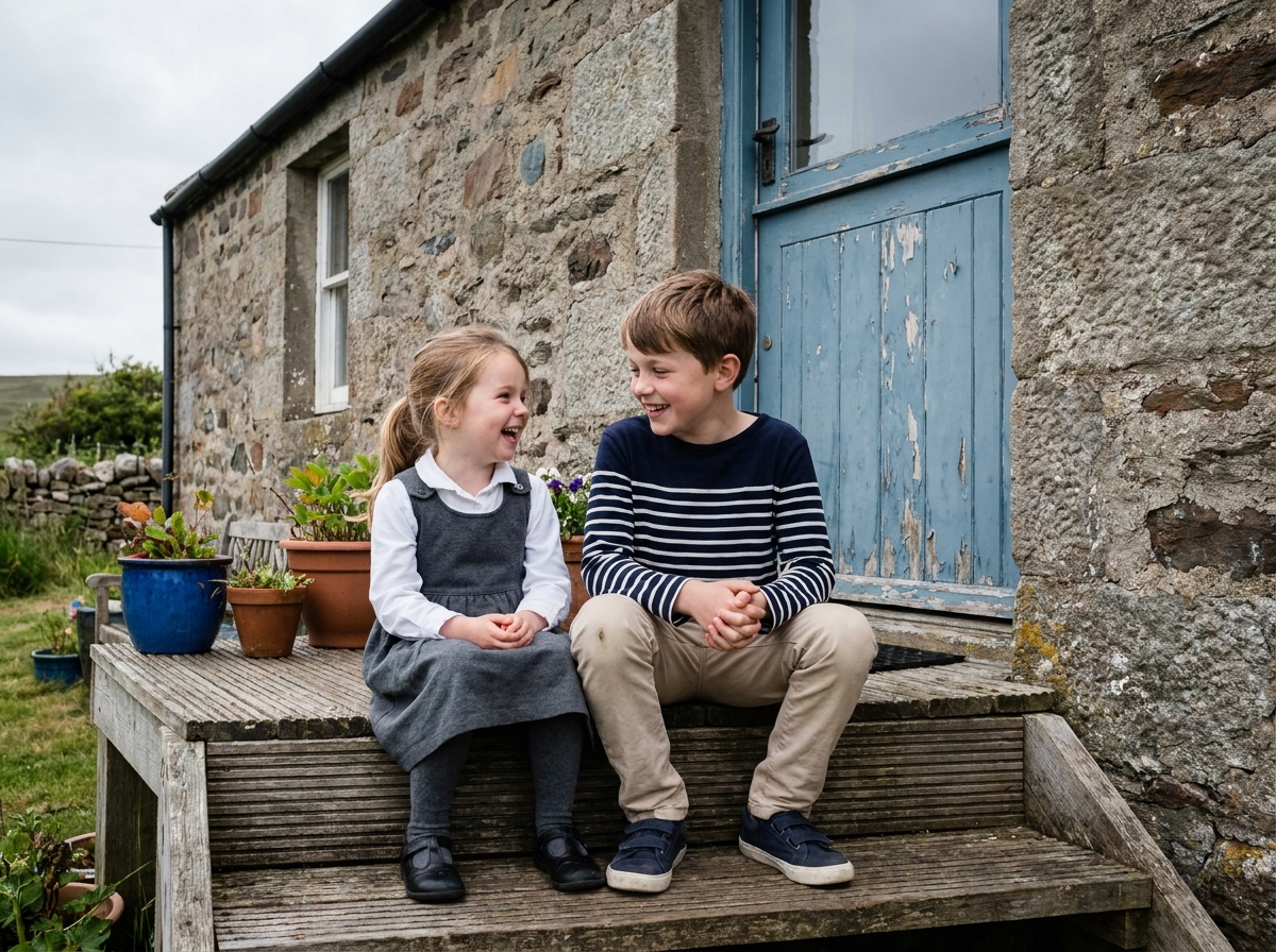 Frère et sœur en tenues intemporelles coordonnées assis sur des marches en pierre, exemple de vêtements classiques et durables pour enfants