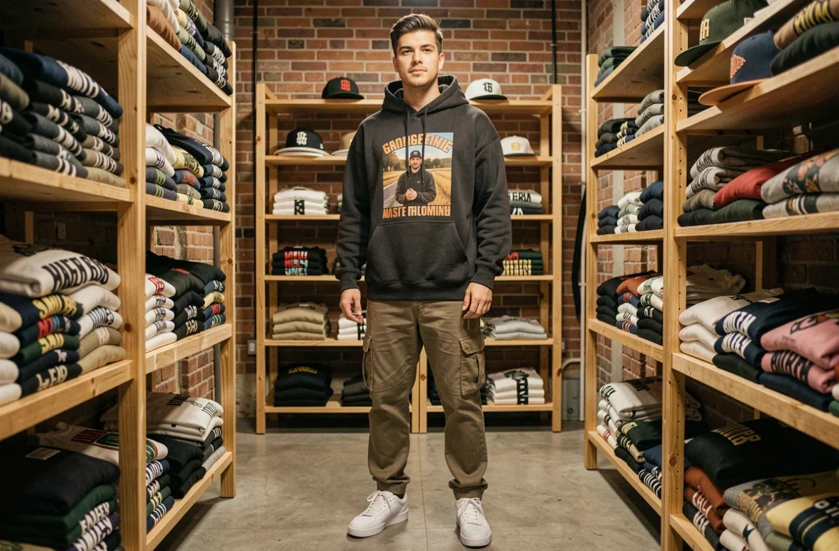 Intérieur d'une boutique streetwear indépendante avec un jeune homme en hoodie graphique et sneakers blanches