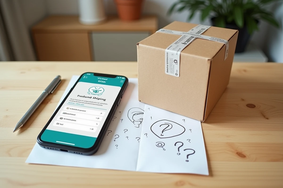 Vue de dessus d'un colis retour Vinted avec étiquette imprimée, smartphone et note manuscrite sur une table en bois