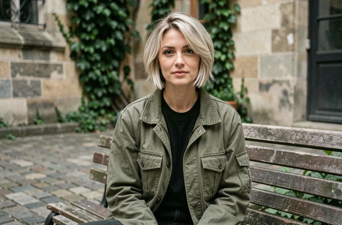 Jeune femme de 28 ans arborant une coupe wolf cut courte et texturée en blond cendré, assise dans une cour parisienne en pierre avec veste utilitaire kaki