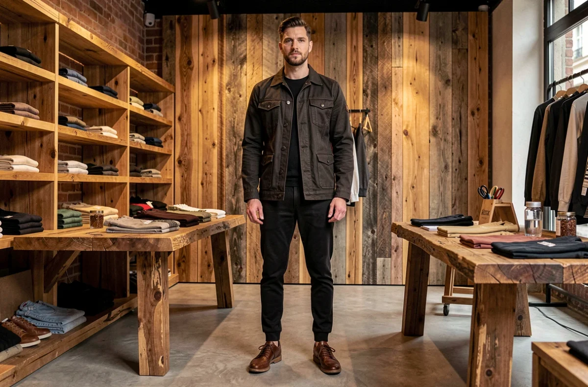 Intérieur en bois de la boutique Wood à Mulhouse avec un homme en veste et sneakers premium